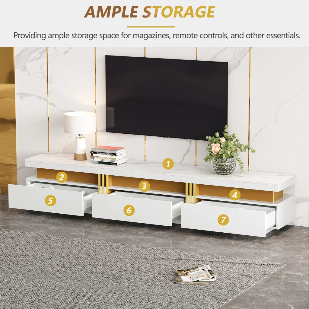 Mobile TV con 3 Cassetti e Foro passacavi; effetto marmo; per Soggiorno; in Truciolare; 200 × 40 × 42 cm; Bianco