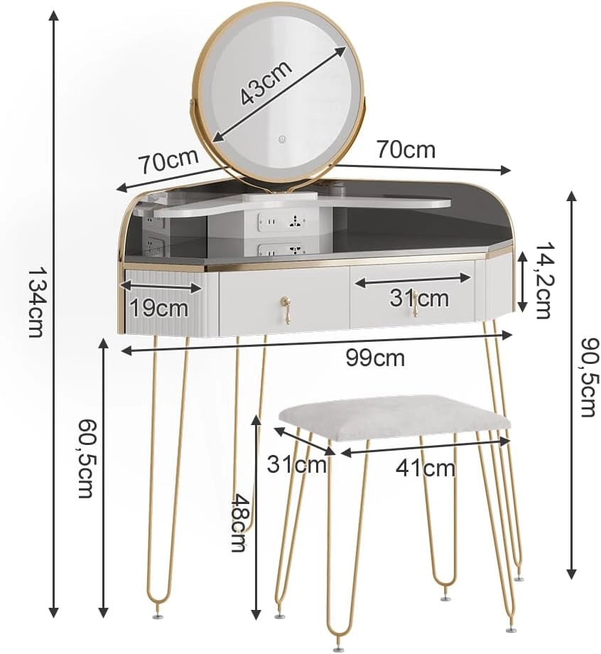 Tavolo da trucco ad angolo Amira, Bianco lucido, 99 cm con specchio LED, sgabello e USB, adatto per essere posizionato salvaspazio negli angoli della stanza