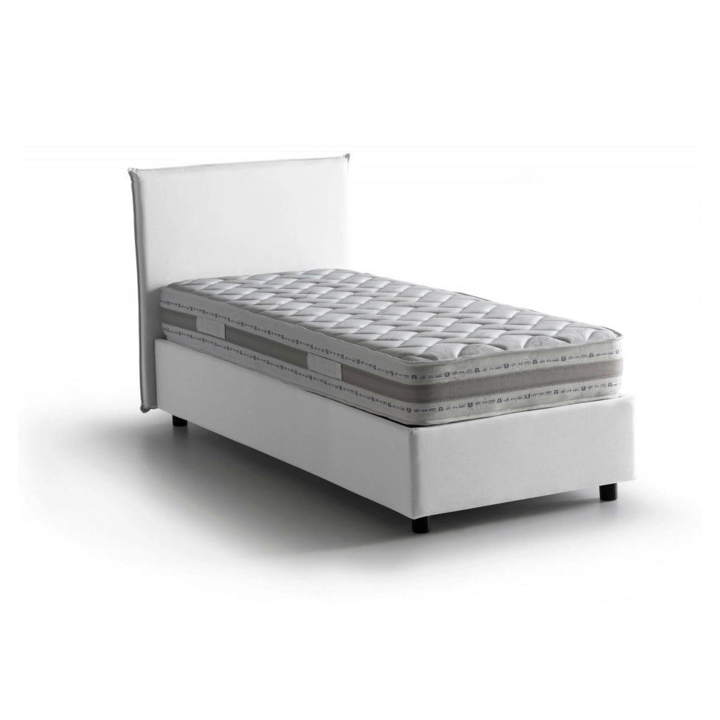 Letto singolo Astor, Letto contenitore con rivestimento in tessuto, Made in Italy, Apertura laterale, con materasso cm 80x190 incluso, Bianco
