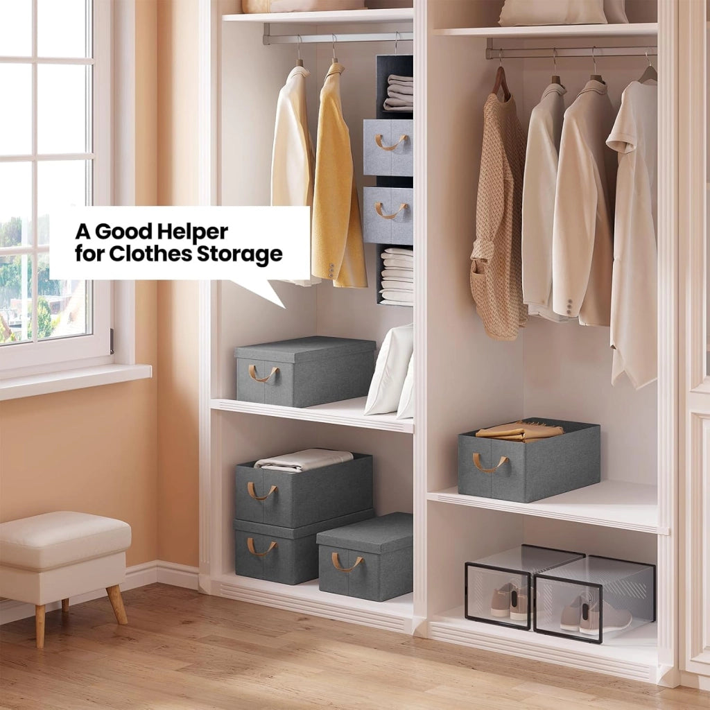 Scatole portaoggetti in Tessuto 6 Pezzi, Contenitori pieghevoli con Coperchio e Maniglie, per Vestiti da Armadio, Grigio, 48x29x20cm