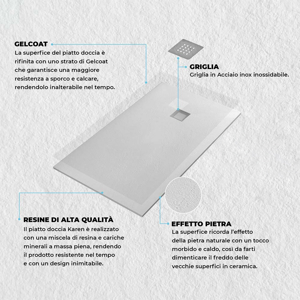 Piatto doccia 90x200 in resina riducibile bianco effetto pietra - Karen