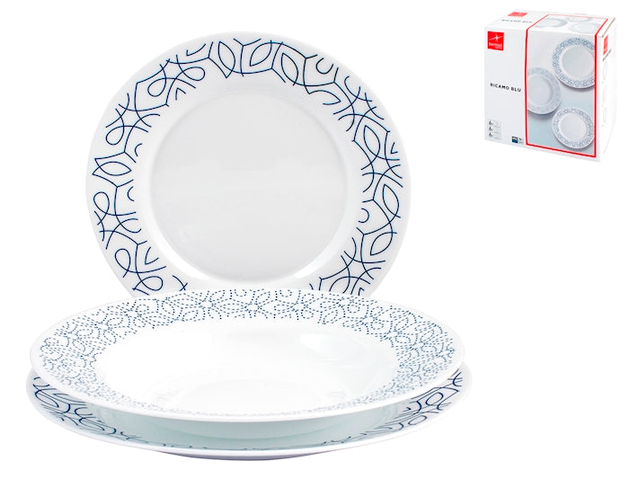 Servizio 18 piatti toledo in vetro opale decoro blu