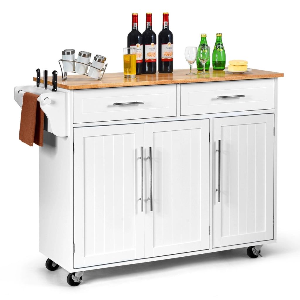 Carrello da cucina in legno con 2 cassetti e maniglia, Armadietto da cucina con ruote 122x45,5x92,5cm Bianco-Carrelli