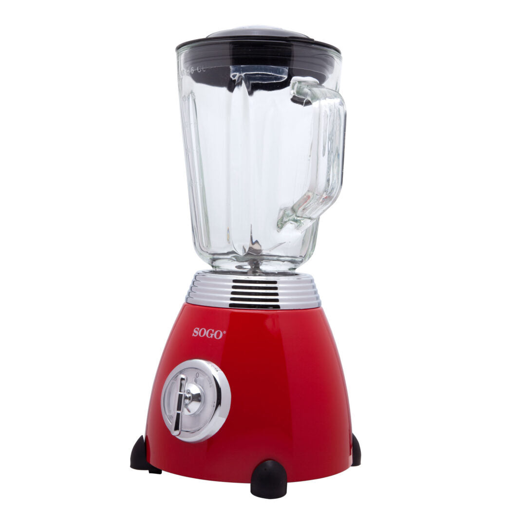 SOGO Frullatore in Vetro 1,5L – Design Retrò, Acciaio Inox, 6 Lame, 2 Velocità, Funzione Ghiaccio, Rosso Metallizzato