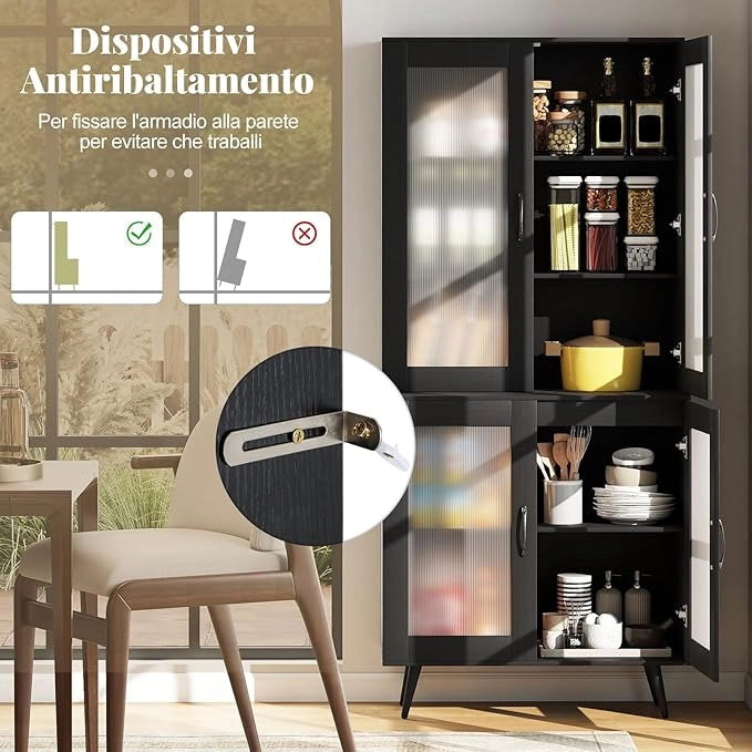 Credenza da Cucina Salvaspazio, Armadio Dispensa con 4 Ante Trasparenti, Ripiano Regolabile e Gambe in Metallo, Mobiletto Alto per Soggiorno e Sala da Pranzo, 80 x 40 x 178,5 cm (Nero)