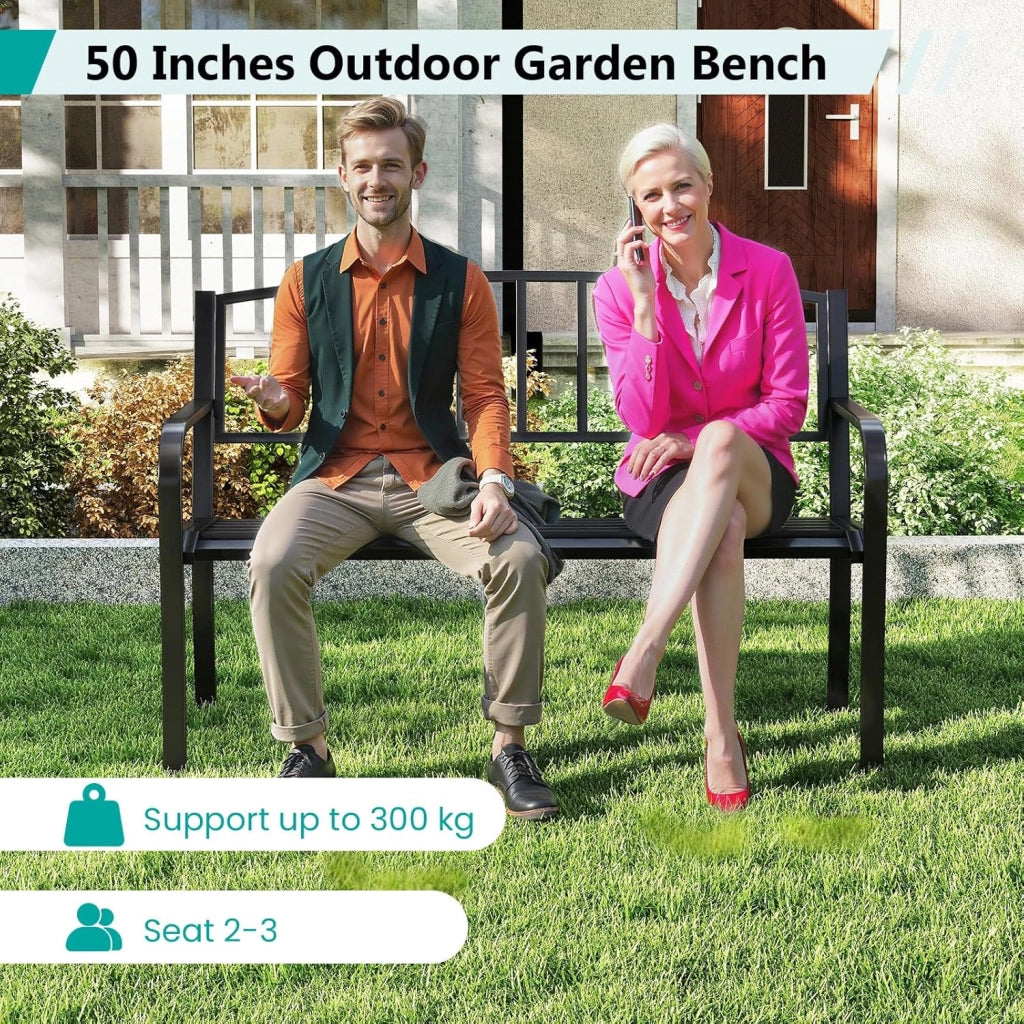 Panca da giardino in metallo, resistente alle intemperie, per 2 persone, panca da balcone con schienale e bracciolo, panca da balcone in metallo, portata fino a 300 kg, 127 x 59 x 85,5 cm