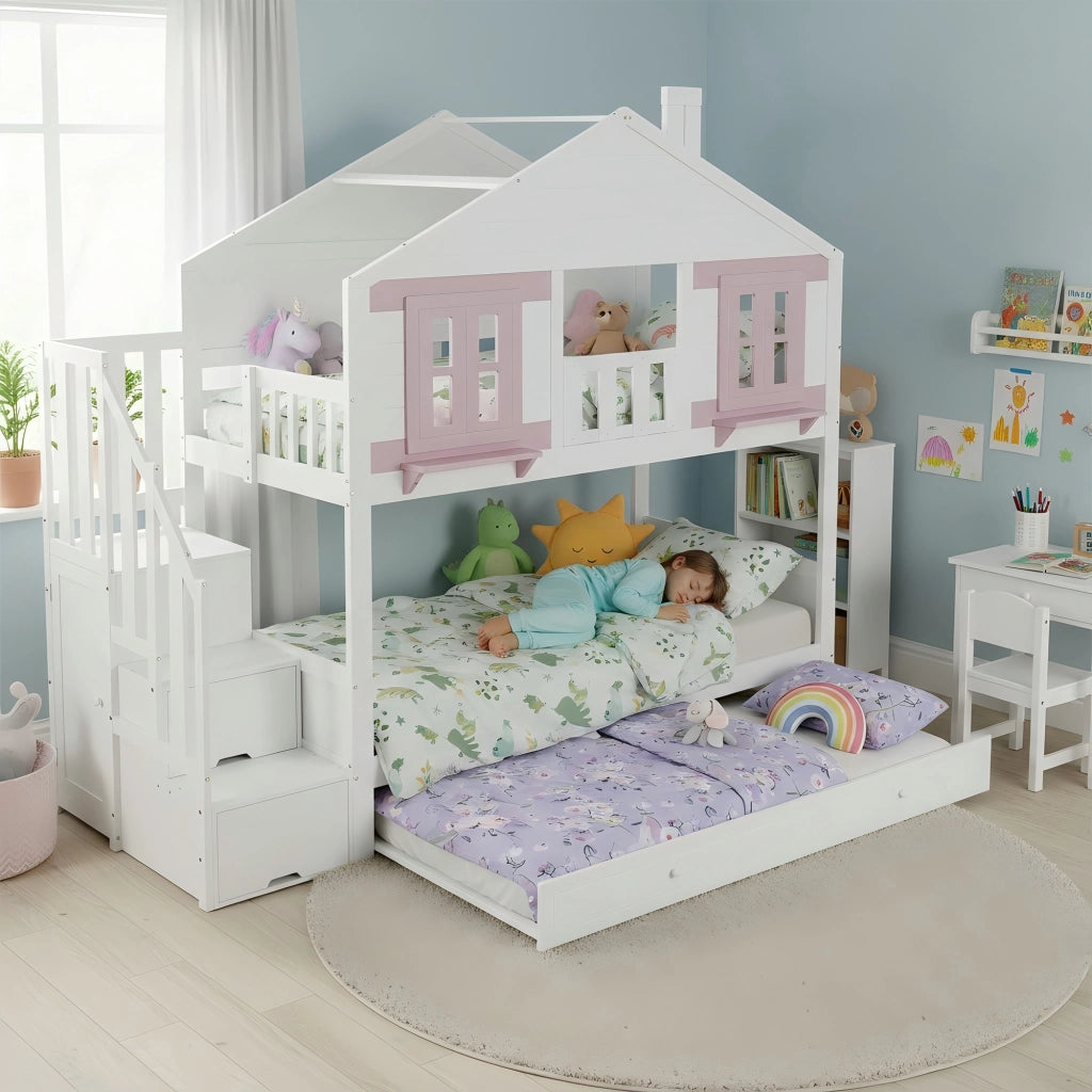 letto a castello in legno massello e mdf bianco rosa 90x200 cm
