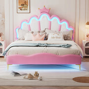 Letto 140x200 rosa con corona e LED - Xylo - Senza materasso