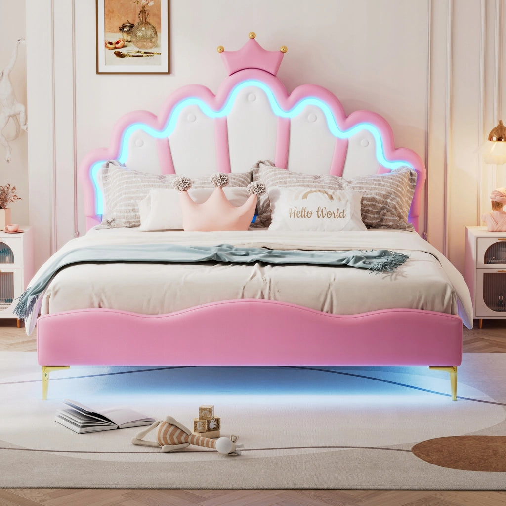 Letto 140x200 rosa con corona e LED - Xylo - Senza materasso