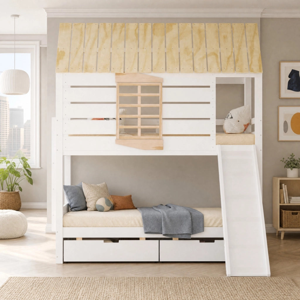 Letto a castello a casetta 90 x 200 cm con scivolo e 2 cassetti; bianco e naturale