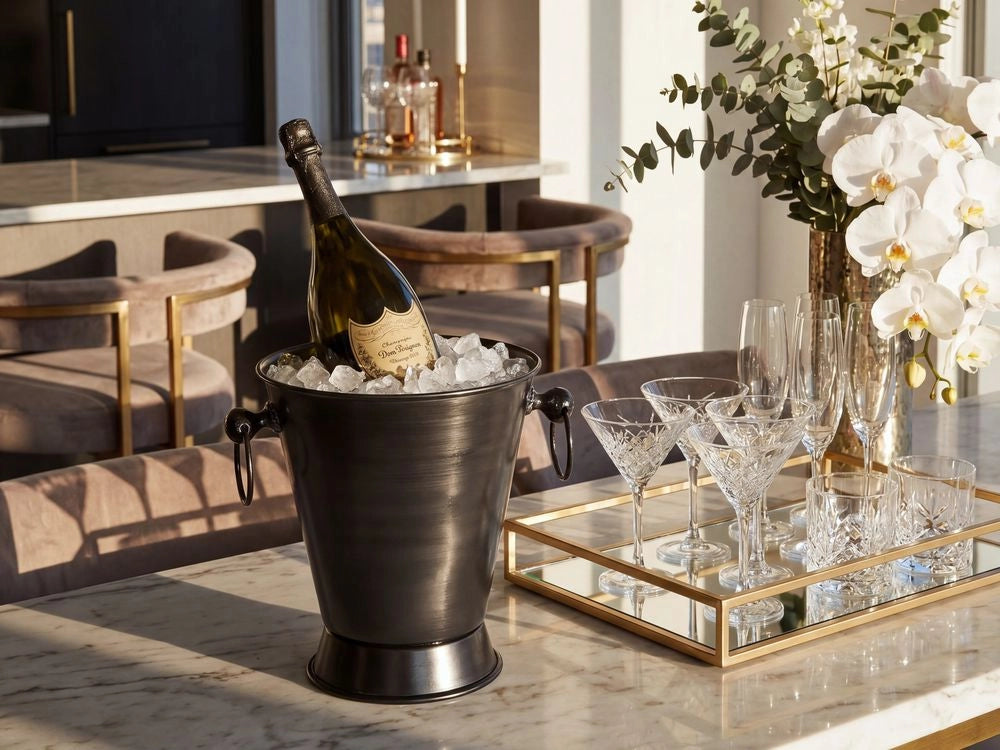 Secchiello per il ghiaccio in metallo argentato con manici Modern Champagne Cooler Accessorio per la casa glamour