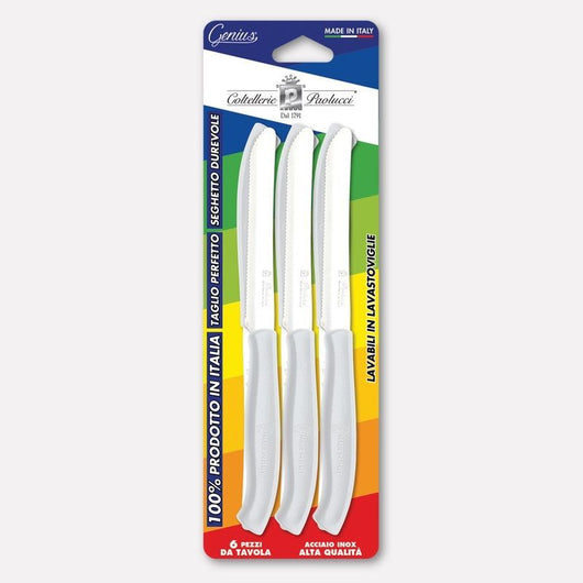 Conf 6 coltelli da tavola con manico bianco, lama inox seghettata 11 cm