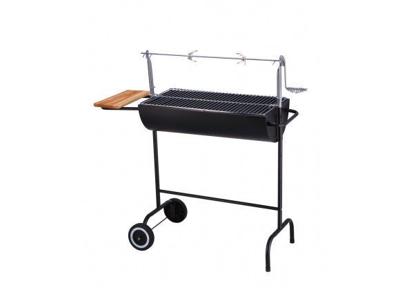 Barbecue in ferro e acciaio con due ruote e ripiano in legno