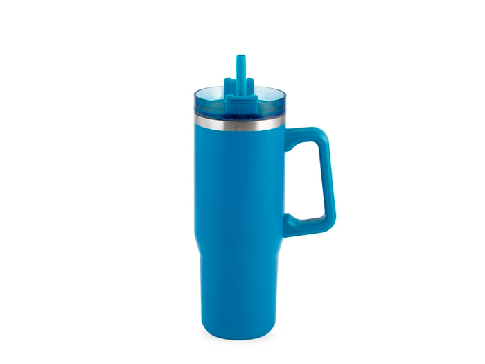 Mug termico blu in acciaio con cannuccia lt 0.9