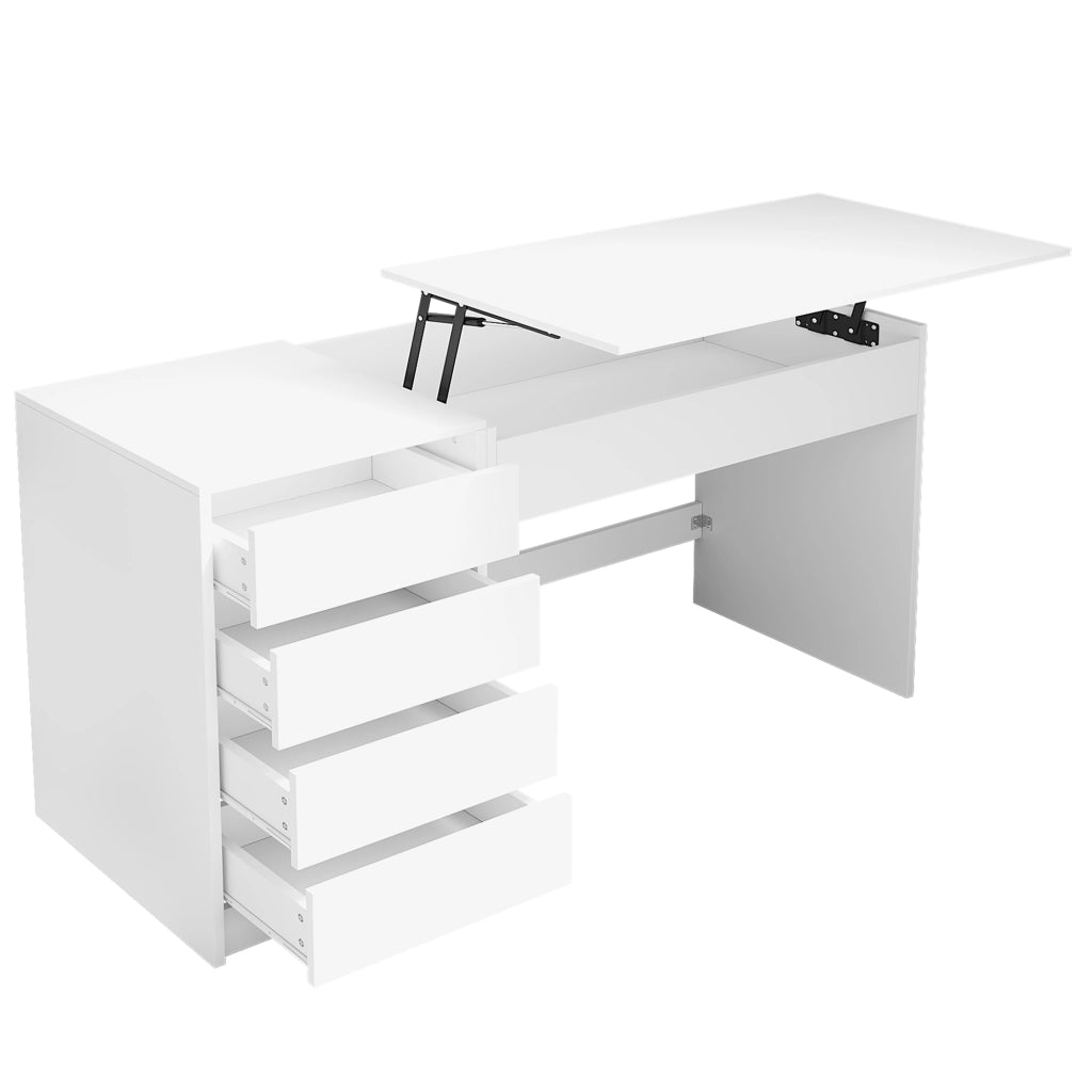 Scrivania bianca regolabile in altezza 120×50 cm con 4 cassetti e vano nascosto