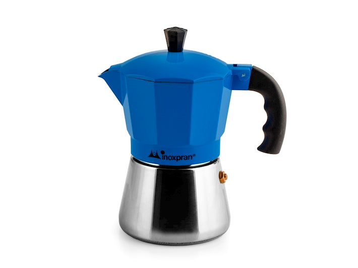 Caffettiera in alluminio con caldaia in acciaio inox inoxpran tazze tre blu