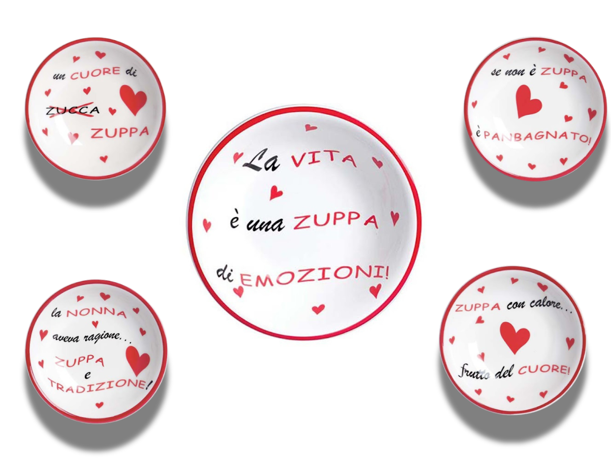 Set quattro piatti fondi per zuppa 20 cm con scritte + insalatiera 27 cm con scritta