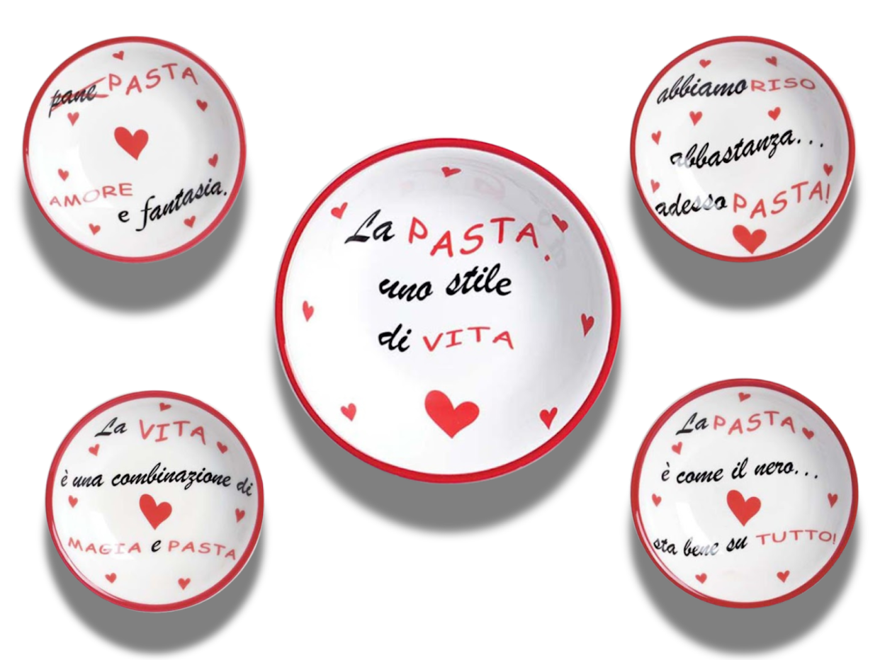 Set quattro piatti fondi per pasta 20 cm con scritte + insalatiera 27 cm con scritta
