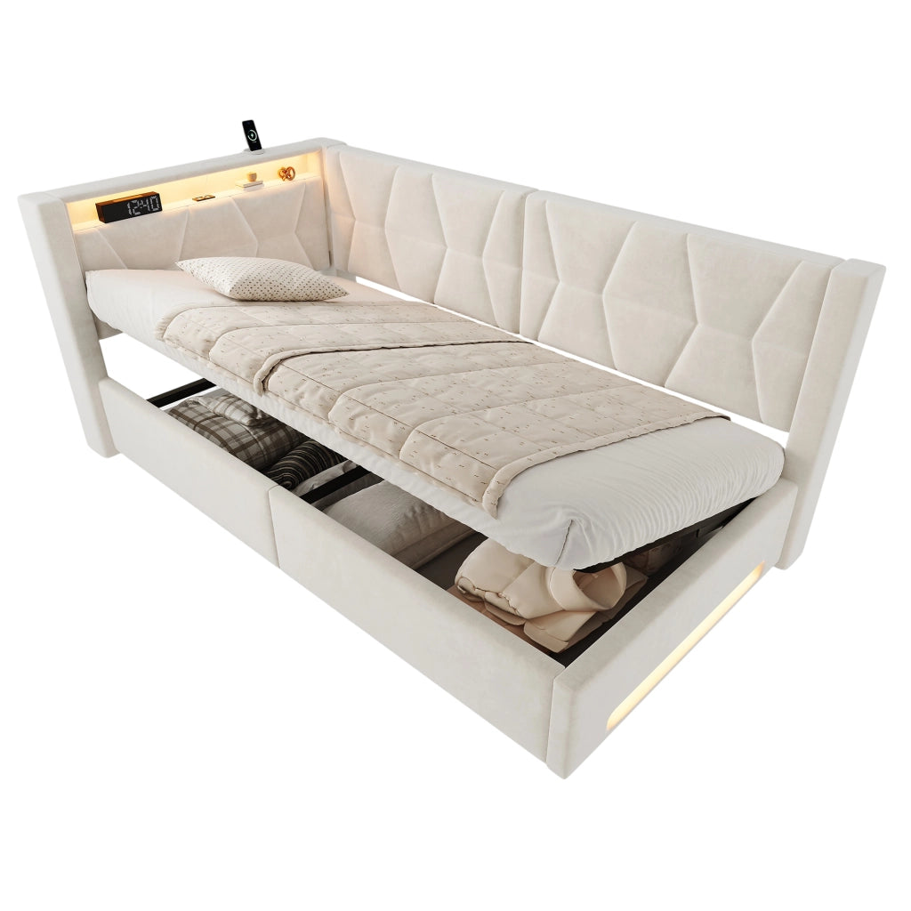 LETTO imbottito contenitore 90x200 cm in velluto beige con LED, USB e Type-C