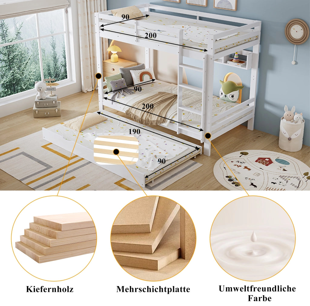 Letto a castello per bambini con letto estraibile; mensola da 2 m e scala; bianco 90x200 cm