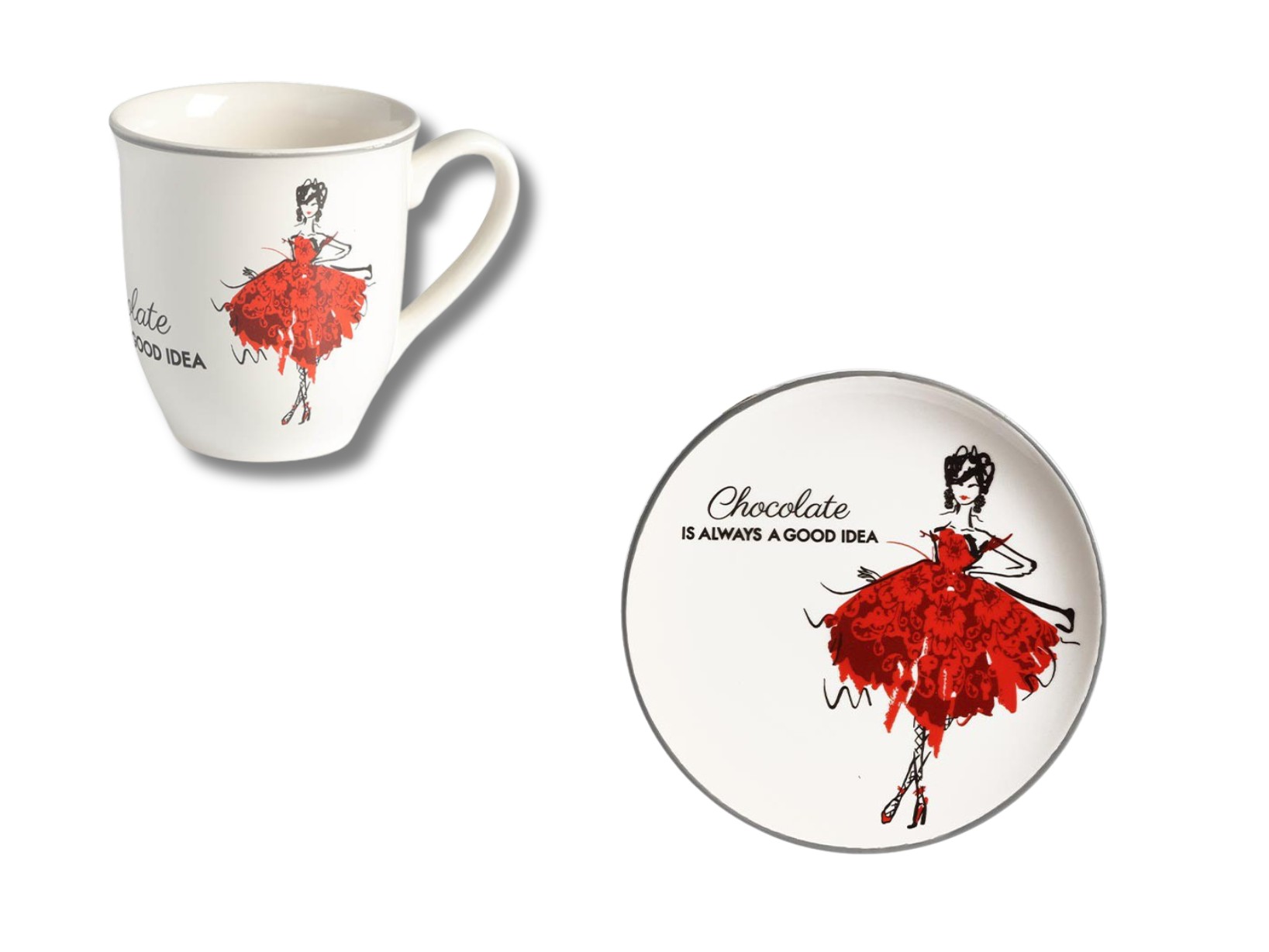 Set Mug e piatto dolce 22 cm ballerina vestito rosso chocolate is always a good idea