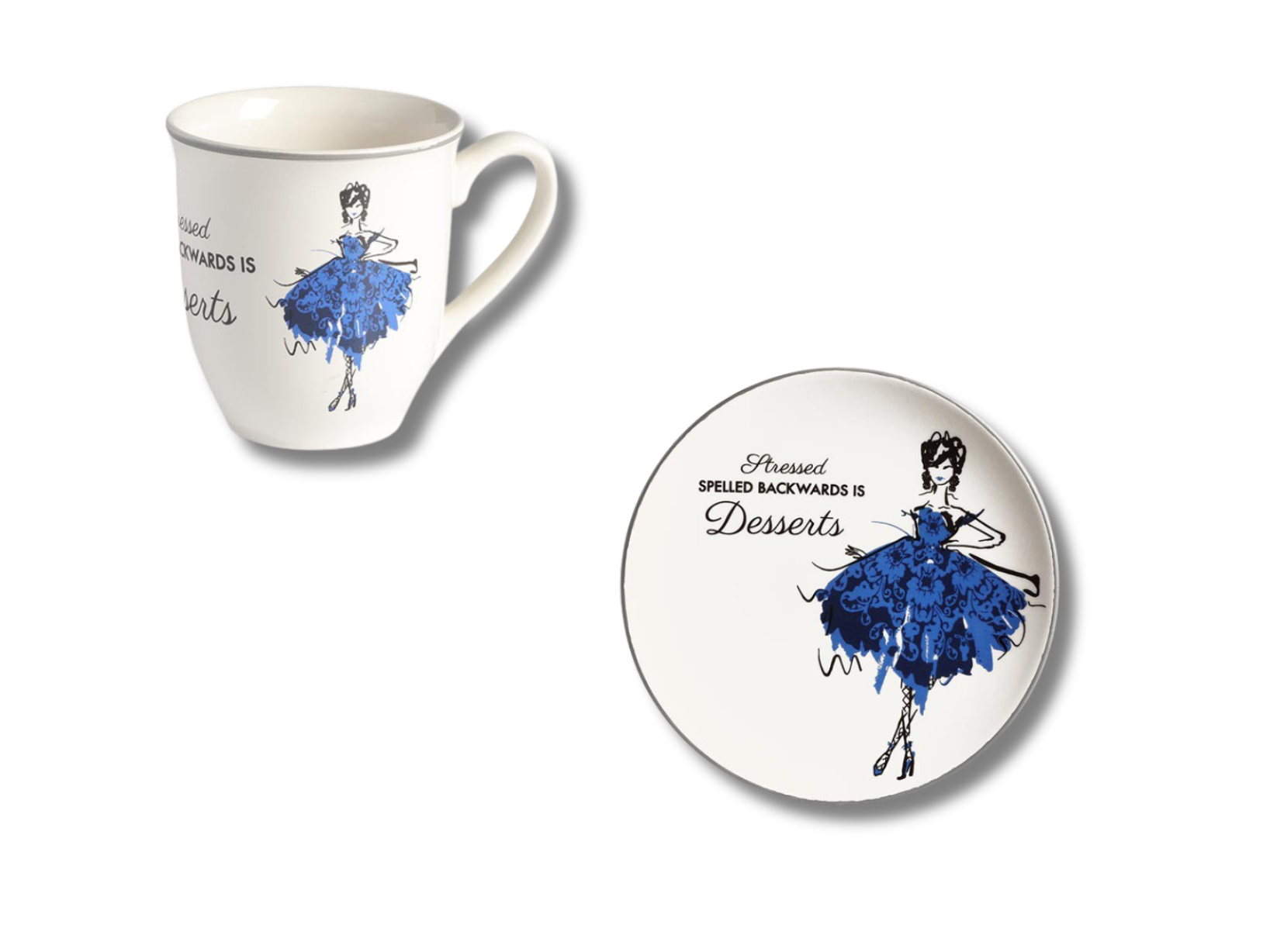 Set Mug e piatto dolce 22 cm ballerina vestito blu stressed spelled backwards is dessert
