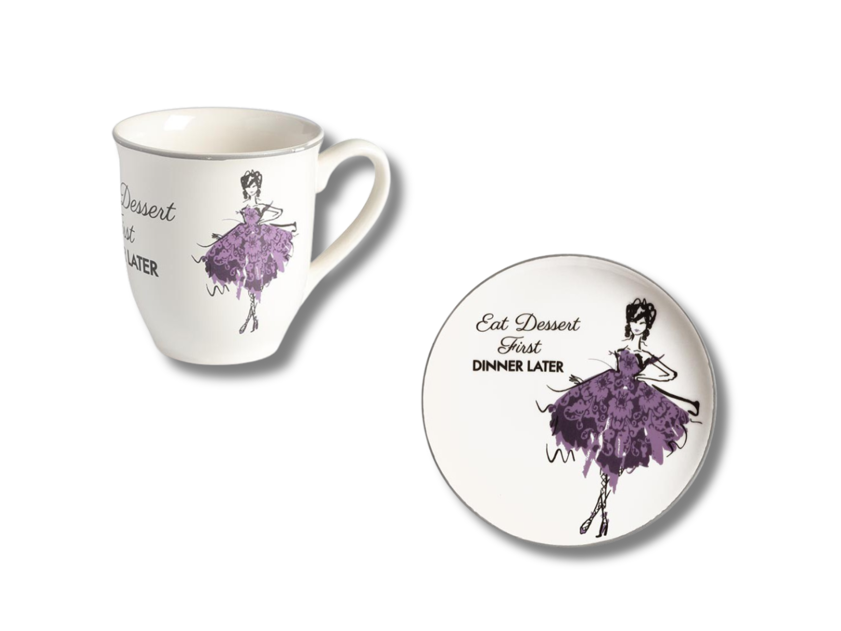 Set Mug e piatto dolce 22 cm ballerina vestito viola eat dessert first dinner late