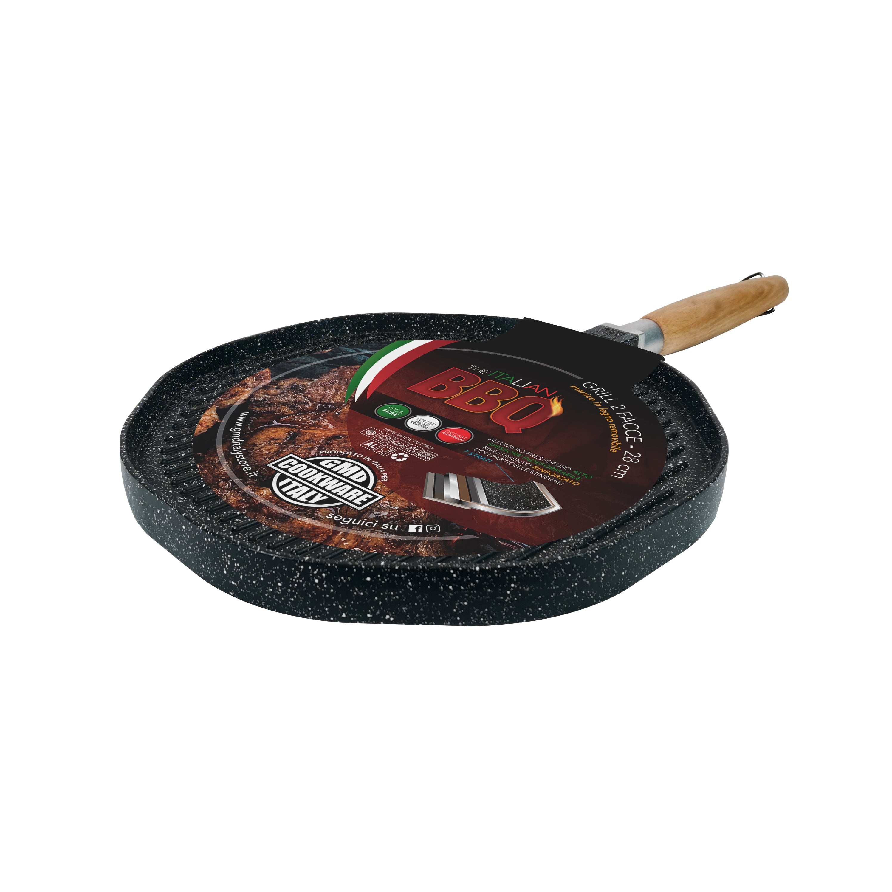 Grill Rotonda Antiaderente 32 cm a Due Facce con Manico Removibile in Legno