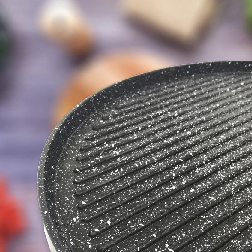 Grill Rotonda Antiaderente 32 cm a Due Facce con Manico Removibile in Legno