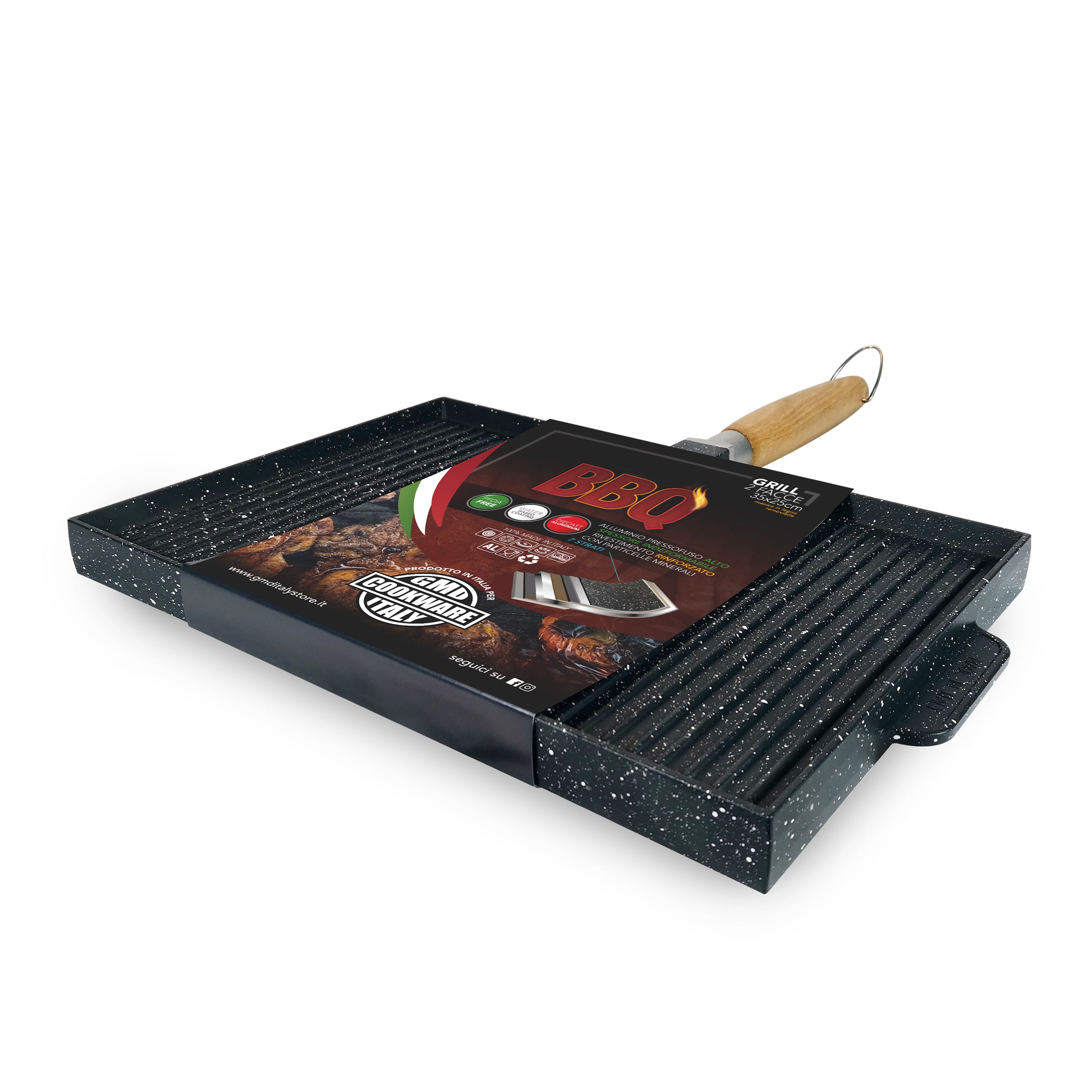 Grill Rettangolare 35x25 cm Antiaderente con Manico in Legno Pieghevole