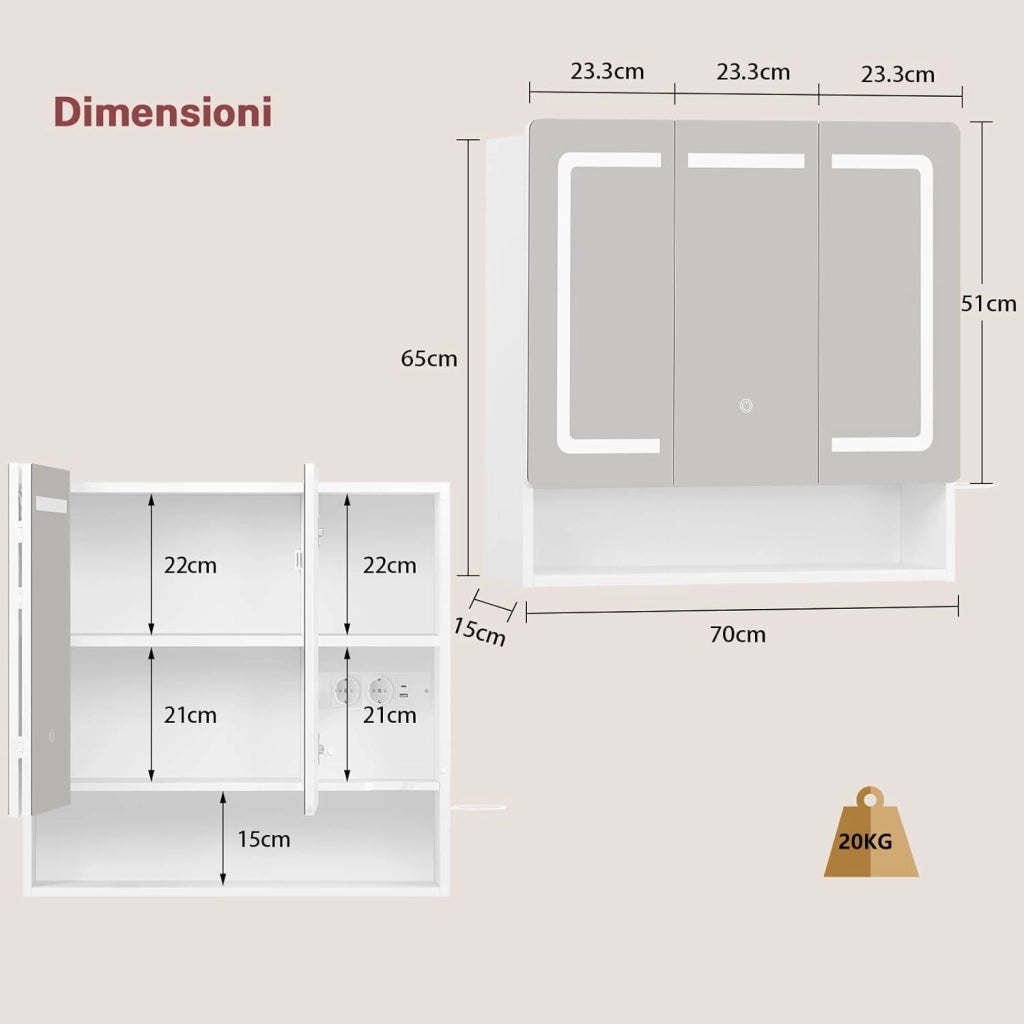Specchio Bagno Contenitore con Luce LED e Presa Elettrica, Mobile Bagno a Specchio con 3 Ante e Gancio Asciugacapelli, 3 Temperature di Luce Dimmerabili a Touch, Ripiani Regolabili, Bianco