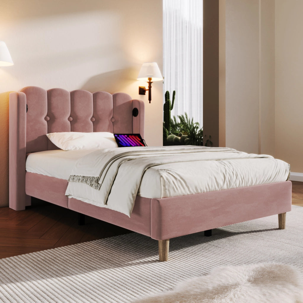 LETTO imbottito 90x200 cm in velluto rosa con porta USB Tipo C