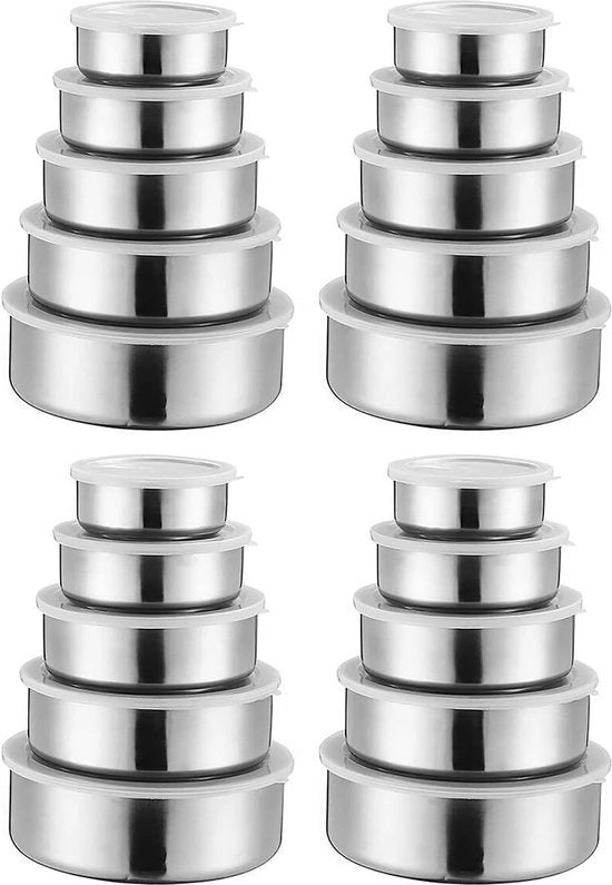 Set di 20 contenitori in acciaio inossidabile con coperchi, set di ciotole, ciotola rotonda sigillata, ciotola di conservazione, contenitore di conservazione dei cibi sigillato, set di ciotole, per uso domestico, cucina.
