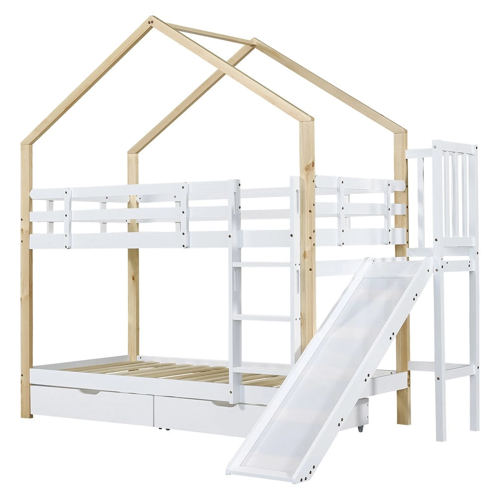 Letto a Castello con Scivolo e 2 Cassetti ¨C MINIMAL ¨C Legno Massello Bianco/Naturale 90x200