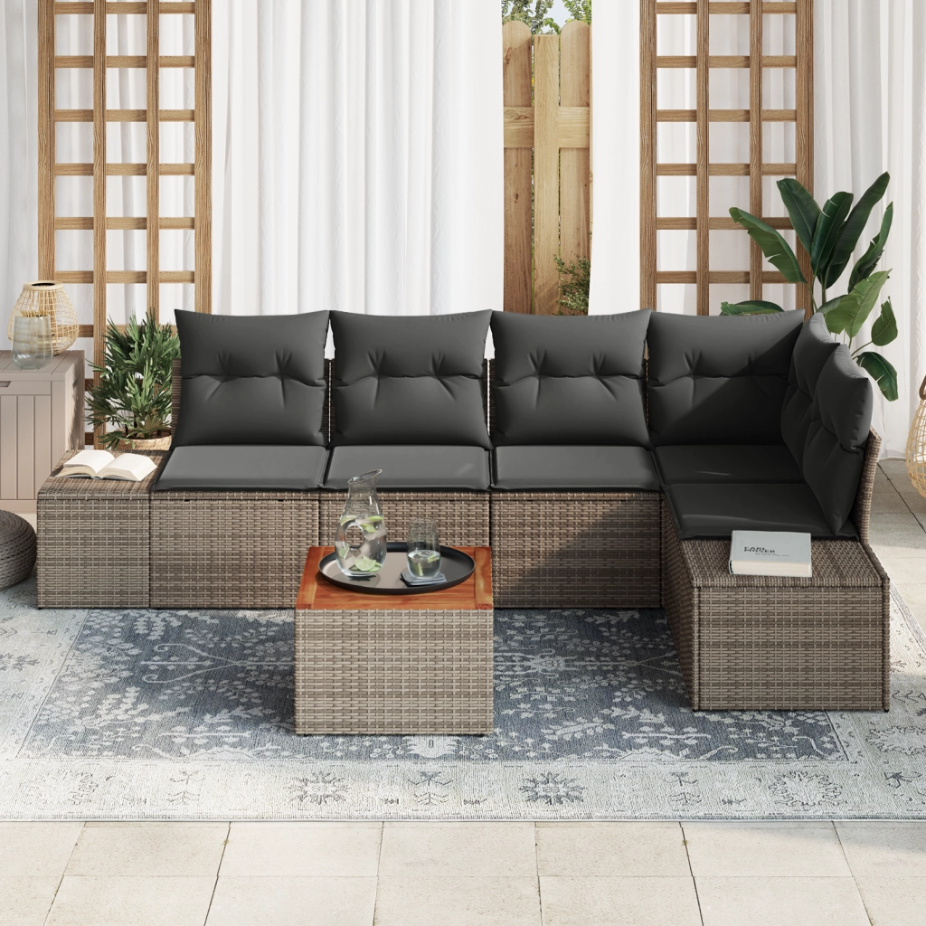 Set di Divani da Giardino da 6 Pezzi con Cuscini Grigio Polirattan Acacia
