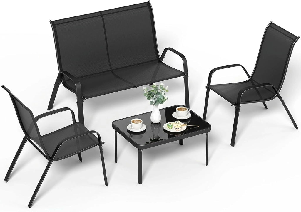 Set Salotto da Giardino 4 Pezzi, Set Mobili da Esterno con Divano 2 Posti, 2 Poltrone, 1 Tavolino in vetro, Textilene Traspirante, Set da Conversazioni per Piccolo Balcone, Terrazzo (Grigio)