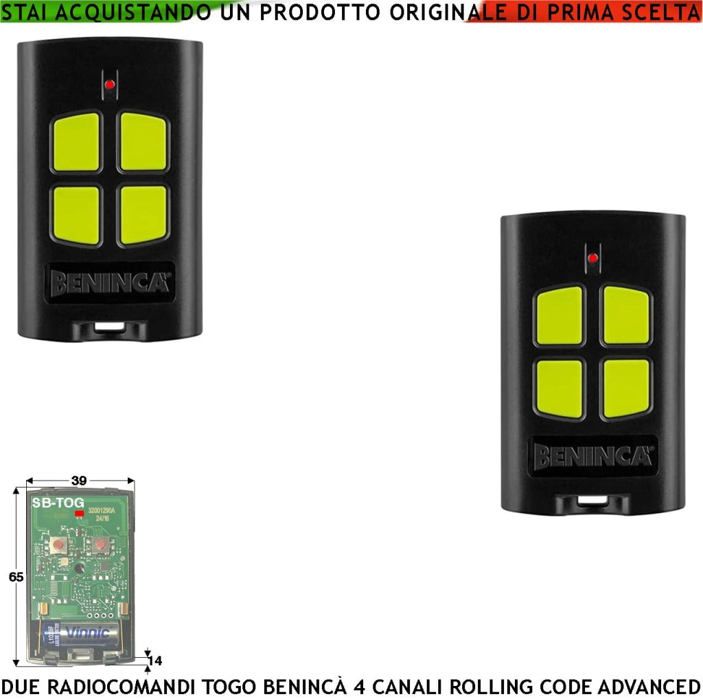 Radiocomando TO.GO 4 Canali 2 Trasmettitori Freq. 433,92 MHz Portata Radio 60/100 MT Codice Advanced Rolling Code 128 Bit Batteria 12V 23A Contenitore ABS Nero Tasti Gialli Comando Automatismo Benincà