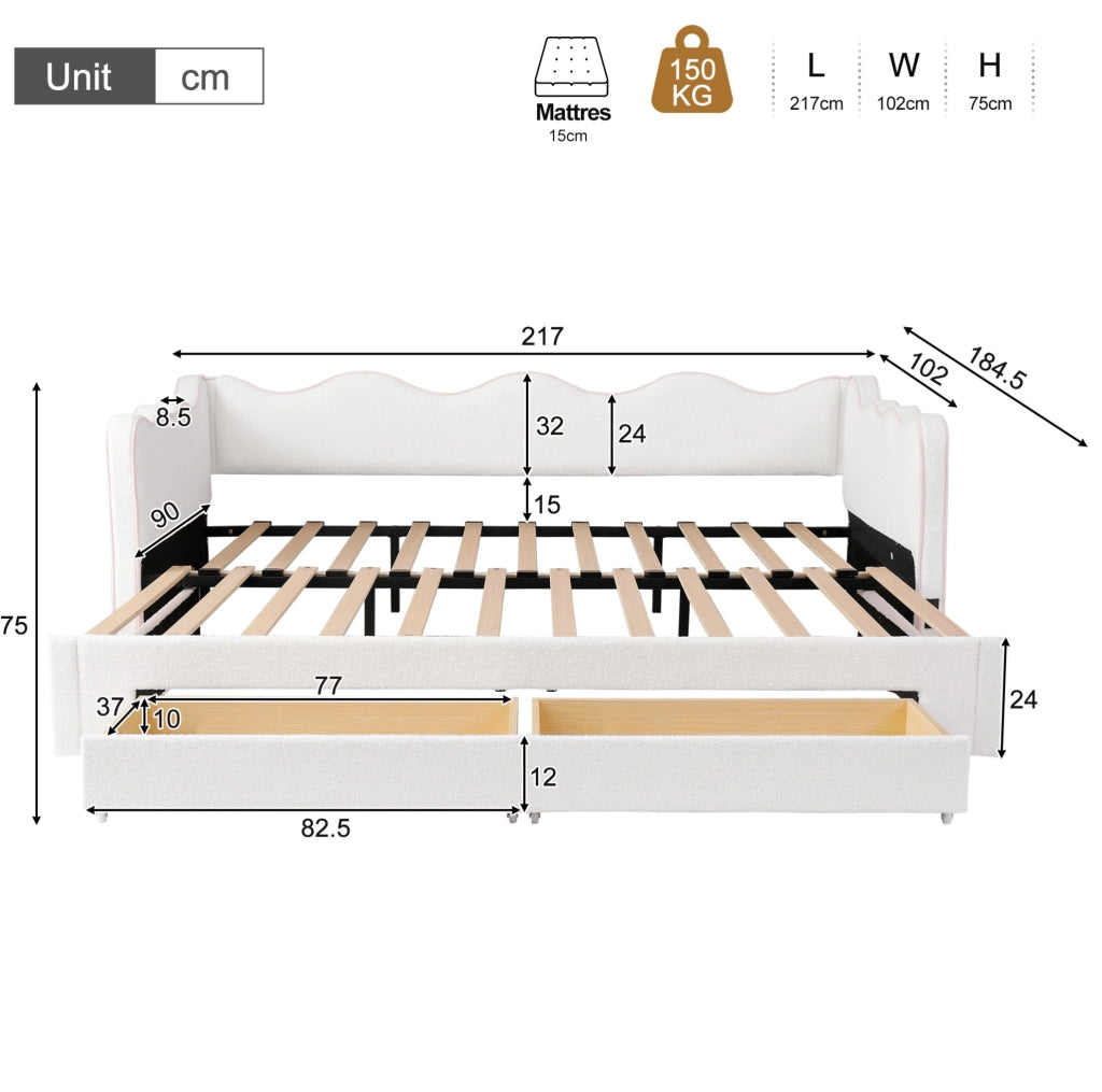 Letto singolo estraibile bouclé beige 90x200 con USB-C