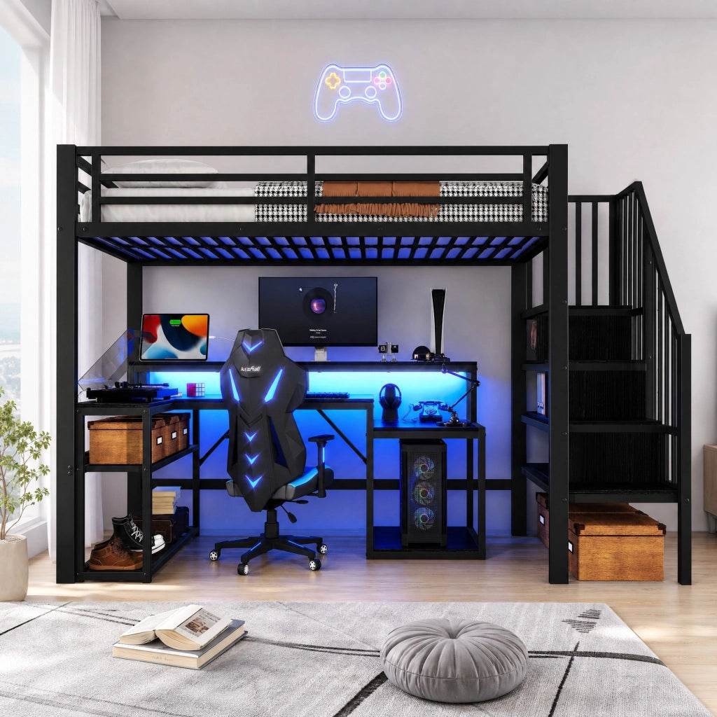 DESMIU Letto a soppalco singolo con scrivania, USB, LED regolabile e scaffali 90 × 200 cm, senza materasso