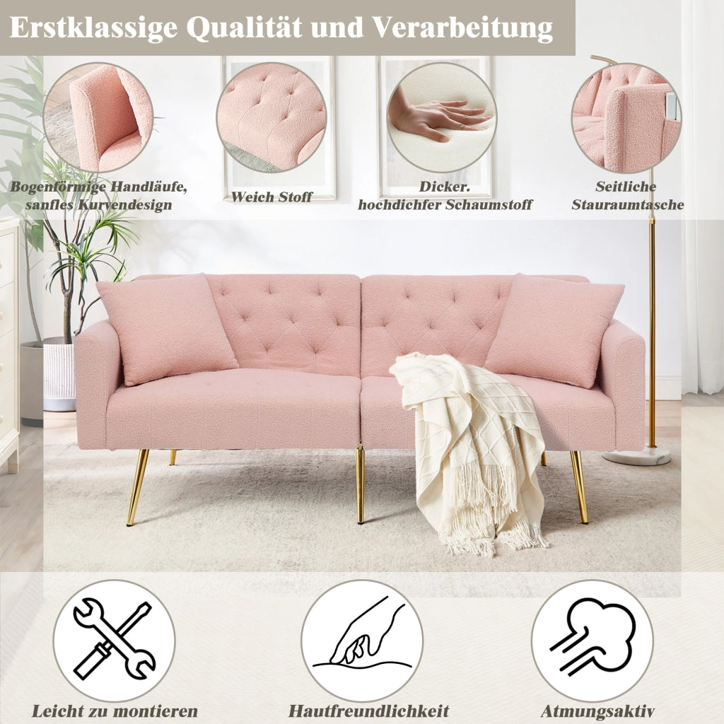 Scaffale con schienale regolabile a 3 livelli, 2 cuscini, gambe in metallo, in teddy, rosa