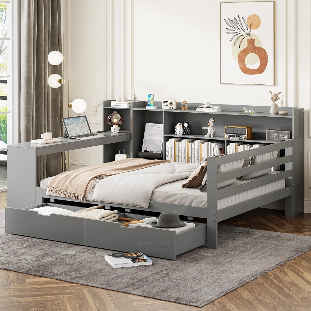 Letto divano 140 × 200 cm con scrivania, scaffali, 2 cassetti, prese USB e contenitore, senza materasso, grigio