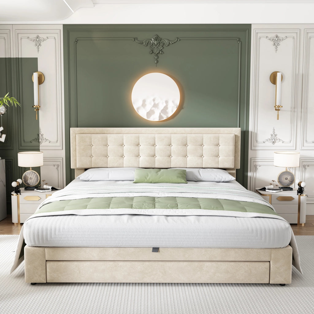 Letto contenitore matrimoniale 180 × 200 cm con testiera regolabile, cassetti e vano idraulico, senza materasso, beige