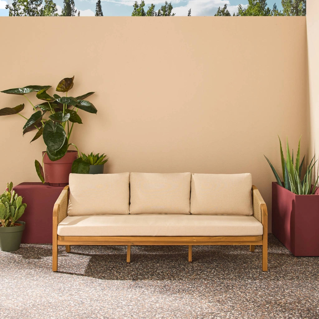 Divano da esterno in legno di acacia e corde, 3 posti, beige