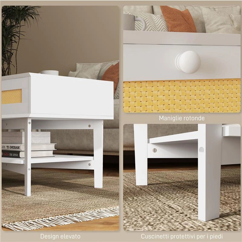 TAVOLINO DA CAFFÈ BOHO CON 2 CASSETTI E RIPIANO, IN RATTAN E TRUCIOLATO, 120X50X50 CM, BIANCO E COLOR LEGNO