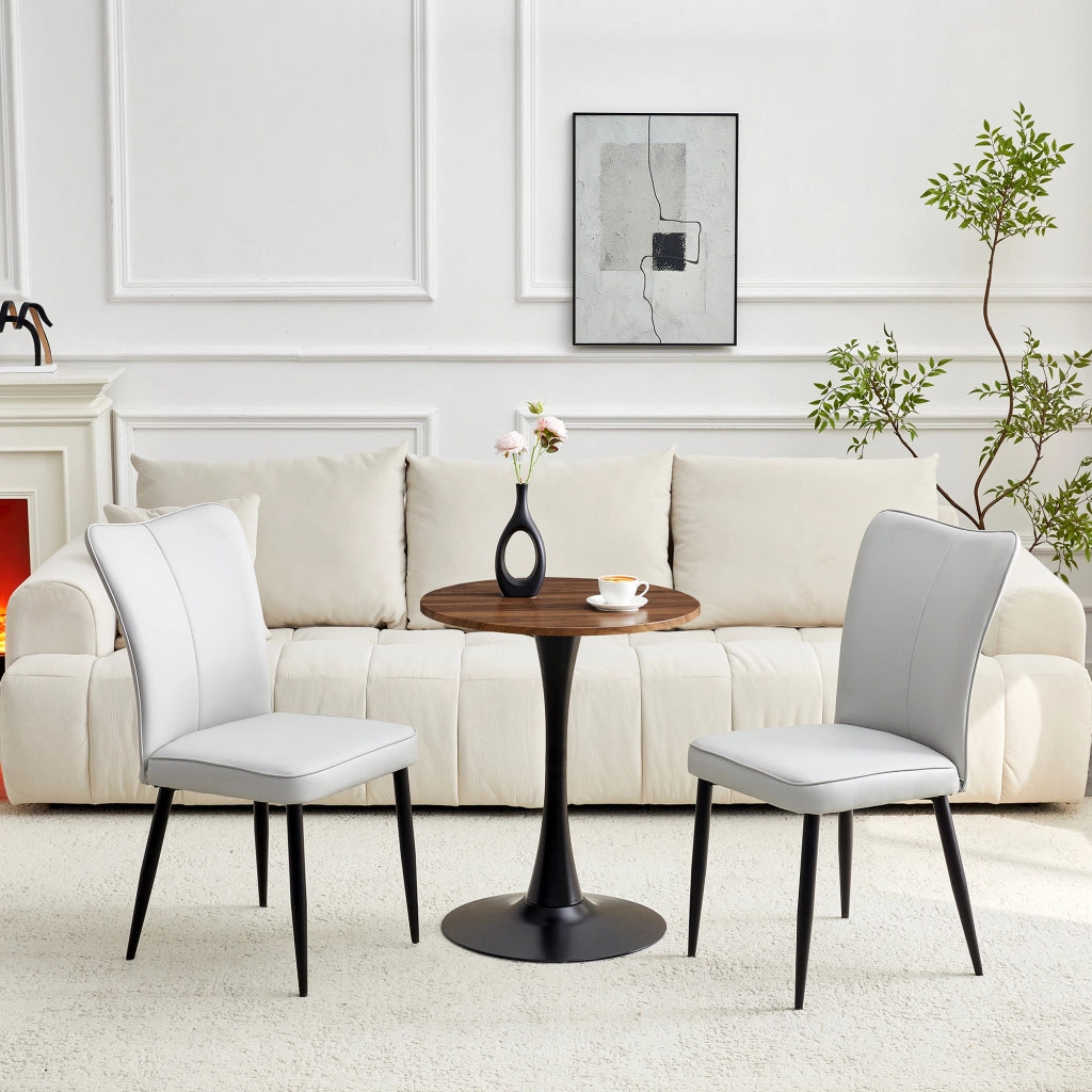 Tavolino Rotondo con 2 Sedie ¨C MINIMAL ¨C MDF, Piano 60 cm, Gambe Nere, Seduta Grigio Chiaro