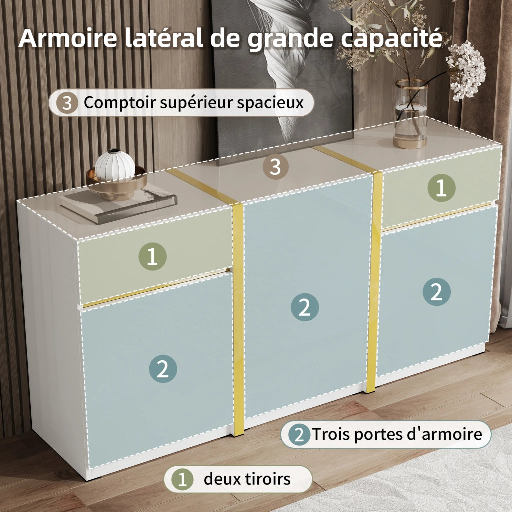 Credenza con 3 ante e 2 cassetti; ripiani regolabili - per soggiorno - 160×40×78 cm - bianco
