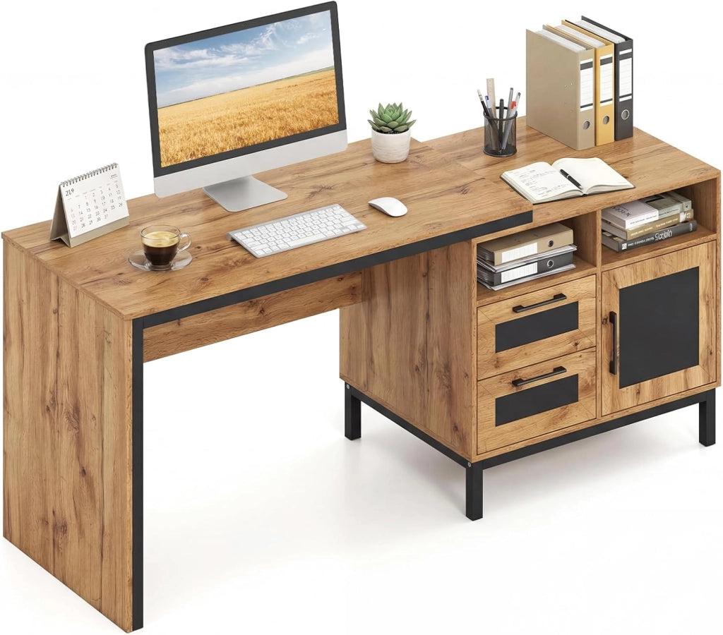 Scrivania per Computer, Scrivania Salvaspazio con Armadietto, 2 Cassetti, 2 Scomparti Aperti, Maniglie e Piedini Rialzati, Tavolo Porta PC da Casa e Uffico 181 x 60 x 76 cm