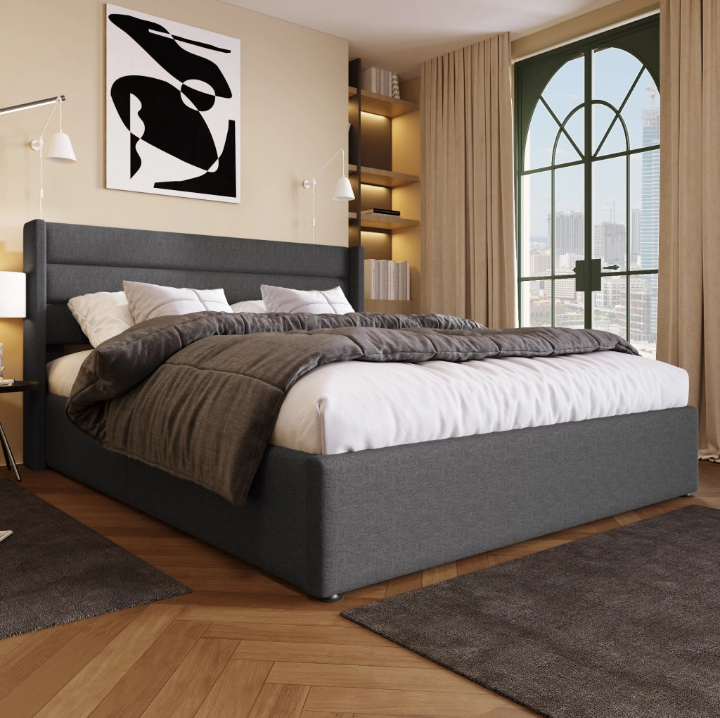 Letto matrimoniale imbottito con contenitore 160x200 cm in lino grigio; con meccanismo idraulico
