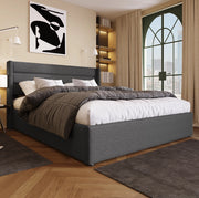 Letto matrimoniale imbottito con contenitore 160x200 cm in lino grigio; con meccanismo idraulico