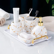 Set di accessori da bagno in ceramica bianca - look marmo dorato - 6 pezzi